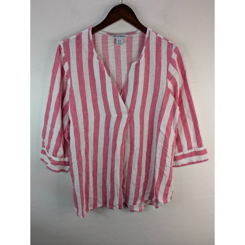 Tommy Bahama Linen Tunic Women's Medium Pink White Metallic Stripe 3/4 Sleeve